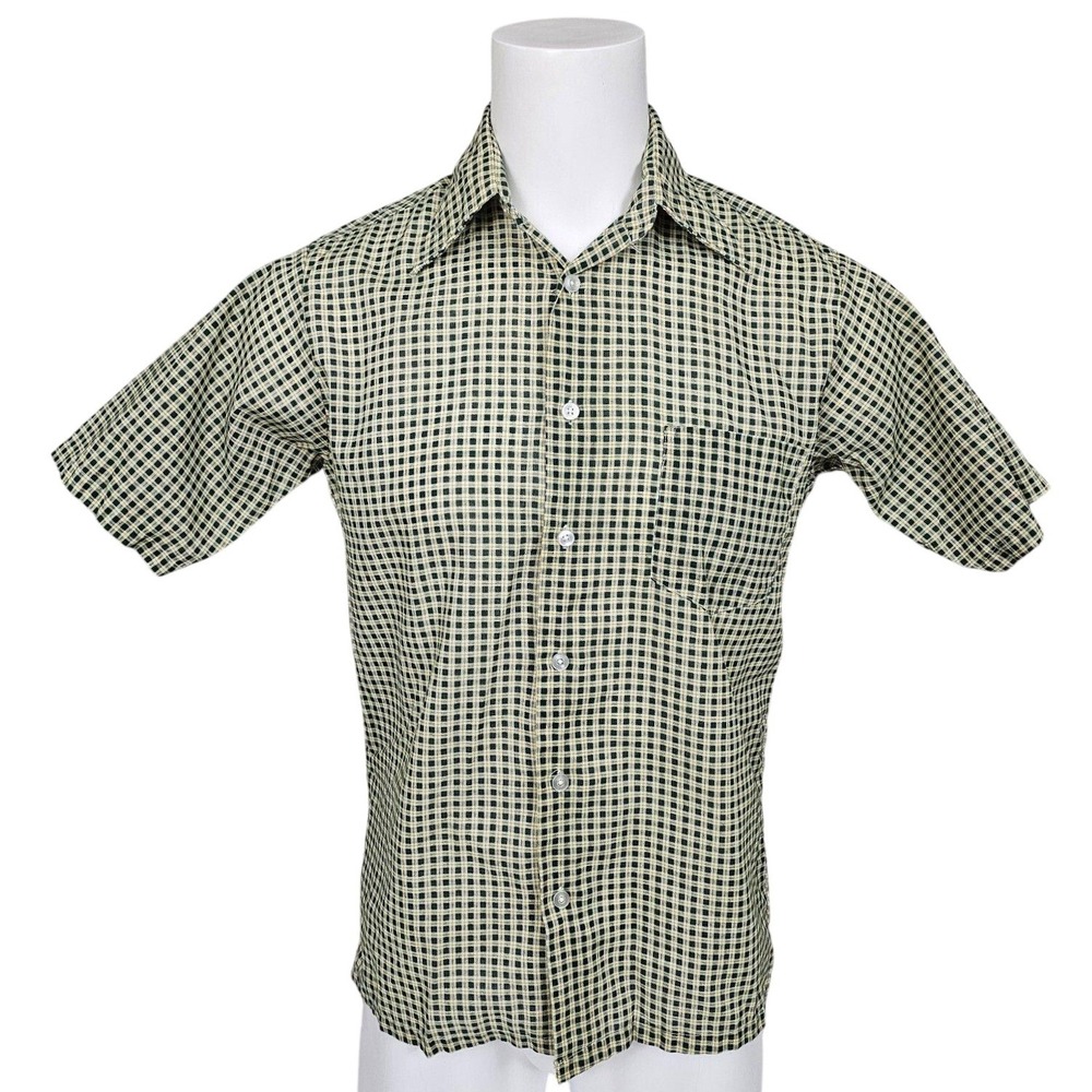 Vintage 70s 80s Kingsport Green Plaid Button Up‎ Shirt Mens M USA Cotton Blend